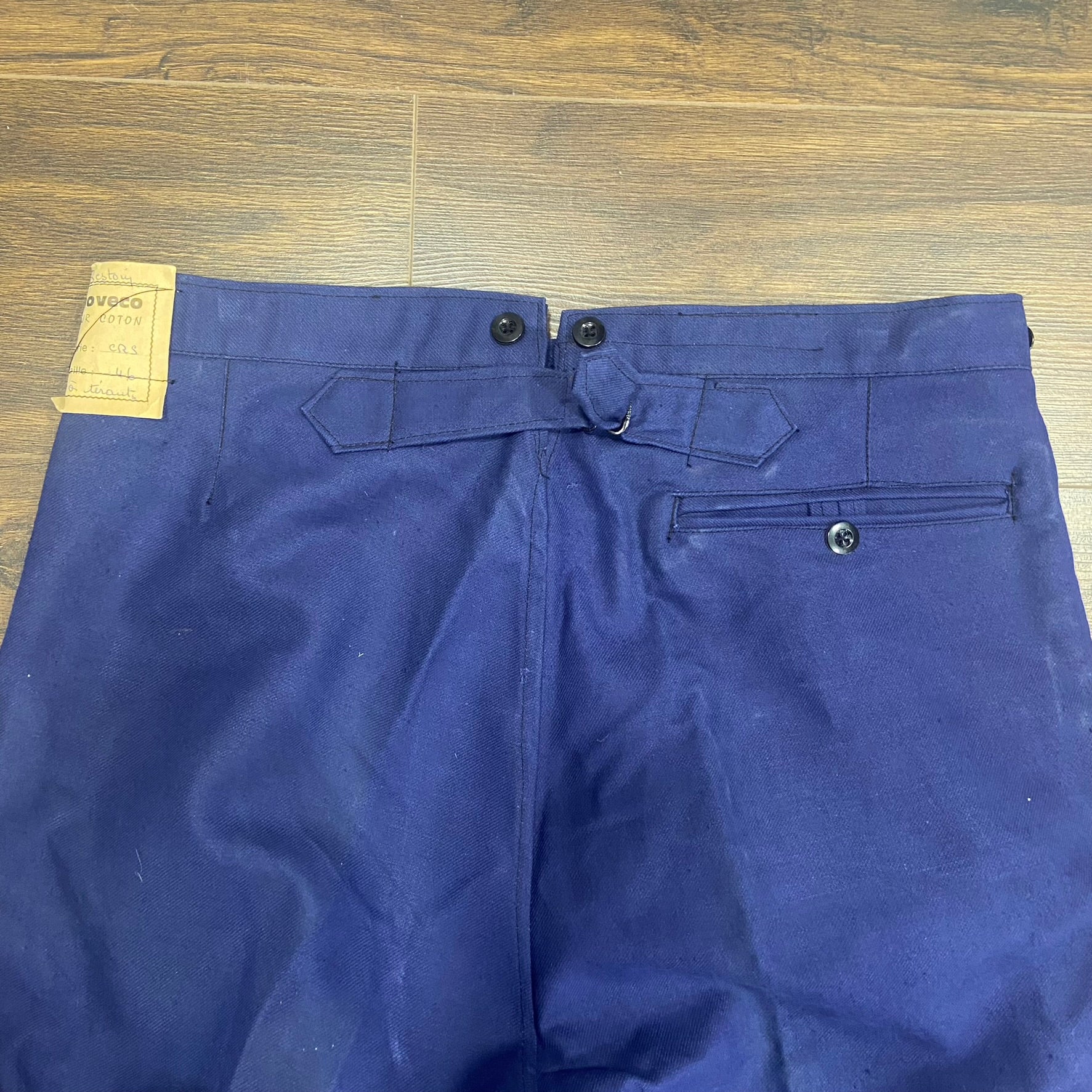 Deadstock 1950s French cinch back fishtail workwear trousers 36-38