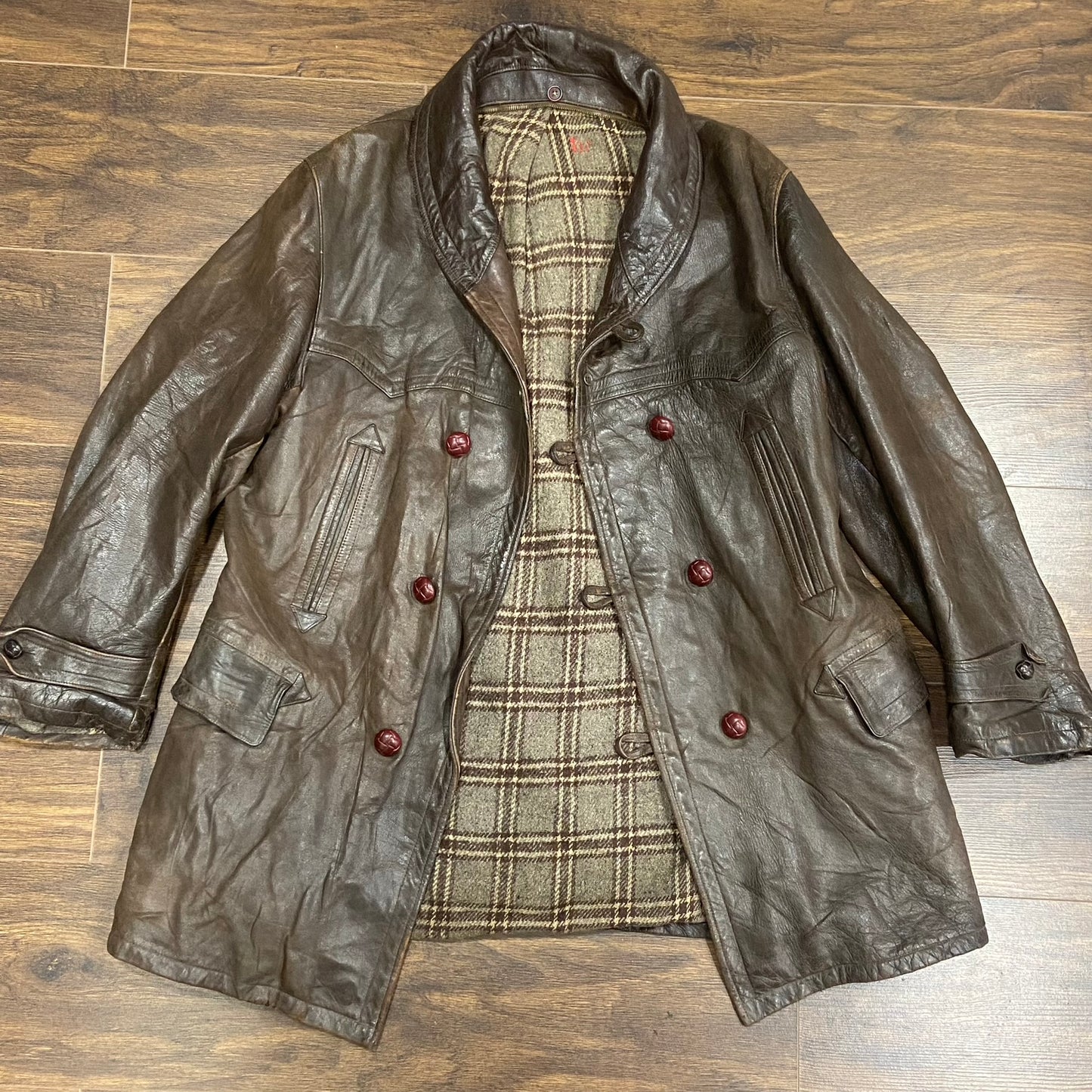 1940s/50s French shawl collar leather jacket size large