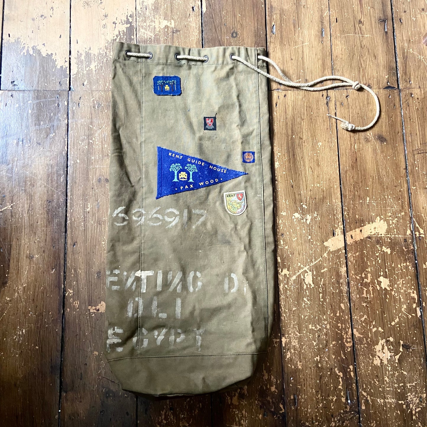 1950s Durham Light Infantry kit bag from Egypt posting with 1960s Kent Girl Guide patches